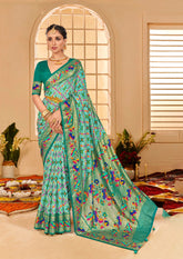 Fountain Blue Cotton Silk Ikkat Print Saree-3842